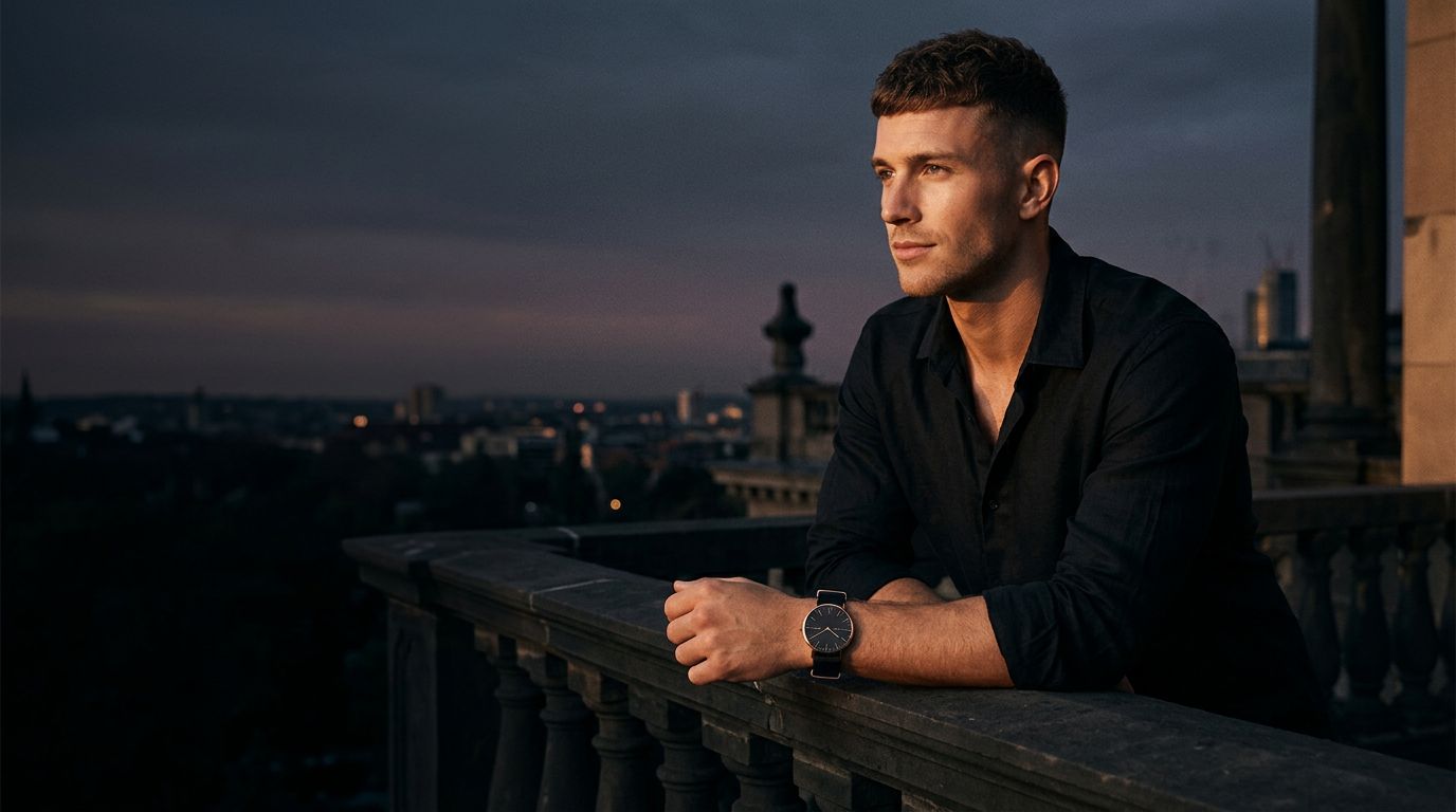 Man on a balcony wearing the black 40 mm watch