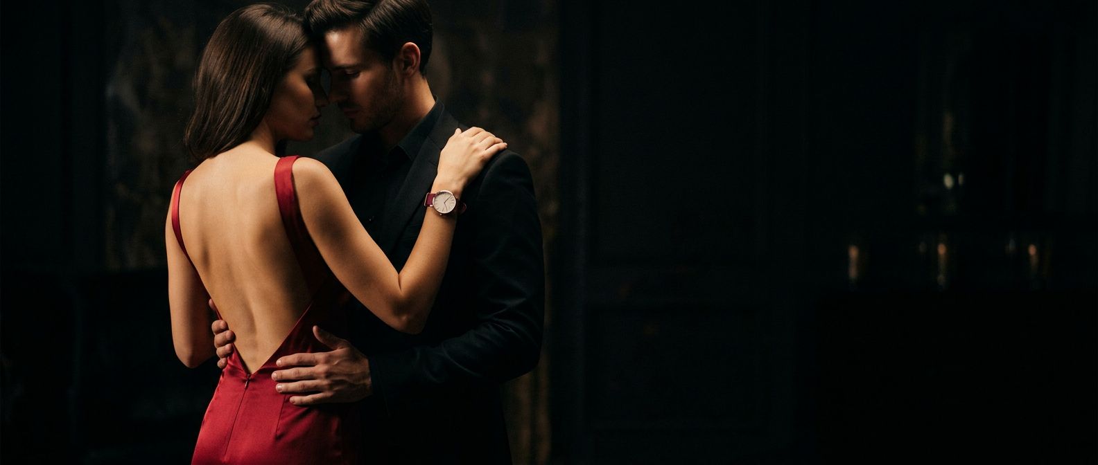 Couple dancing, she wears the 36 mm crimson watch